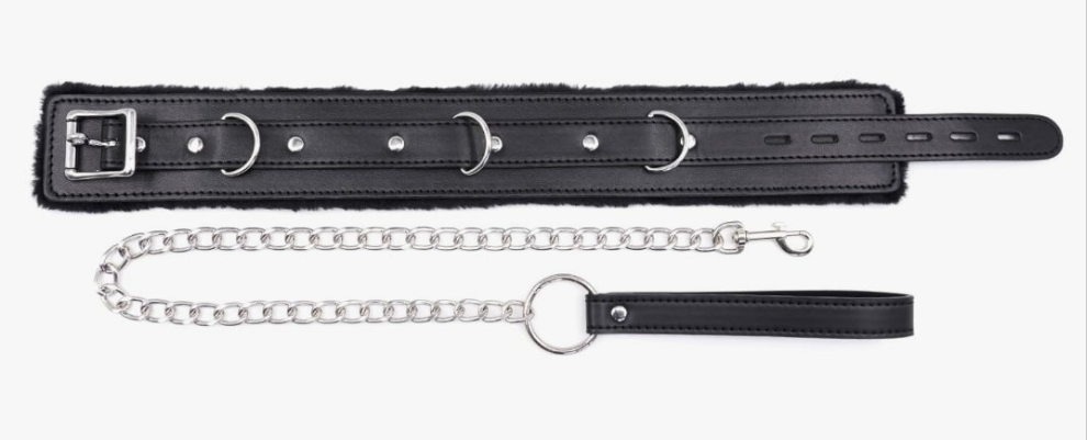 Fur-lined Black Leather Bondage Collar and Leash Set, Leather Bondage Toys Sex Collar with Chain Leash for SM Games