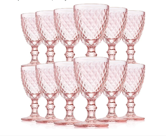 Pink Wine Glass Set of 12 Vintage Glassware Goblets Red Wine Glass 8 oz Embossed Drinking Glass with Stem High Clear Stemmed Cups Goblet for Wedding Party Banquet Feast Bar, Daily Use
