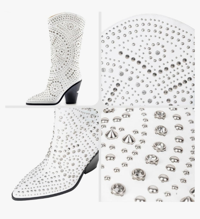 Womens Boots Pointed Toe and Chunky Heel Boots for Women Luxurious Studded Boots Tall Boots with Metallic Rivets