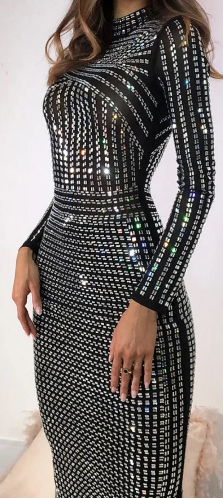 Stand Collar Long Sleeve Rhinestone Tunic Midi Dress-Black COCOMONEY