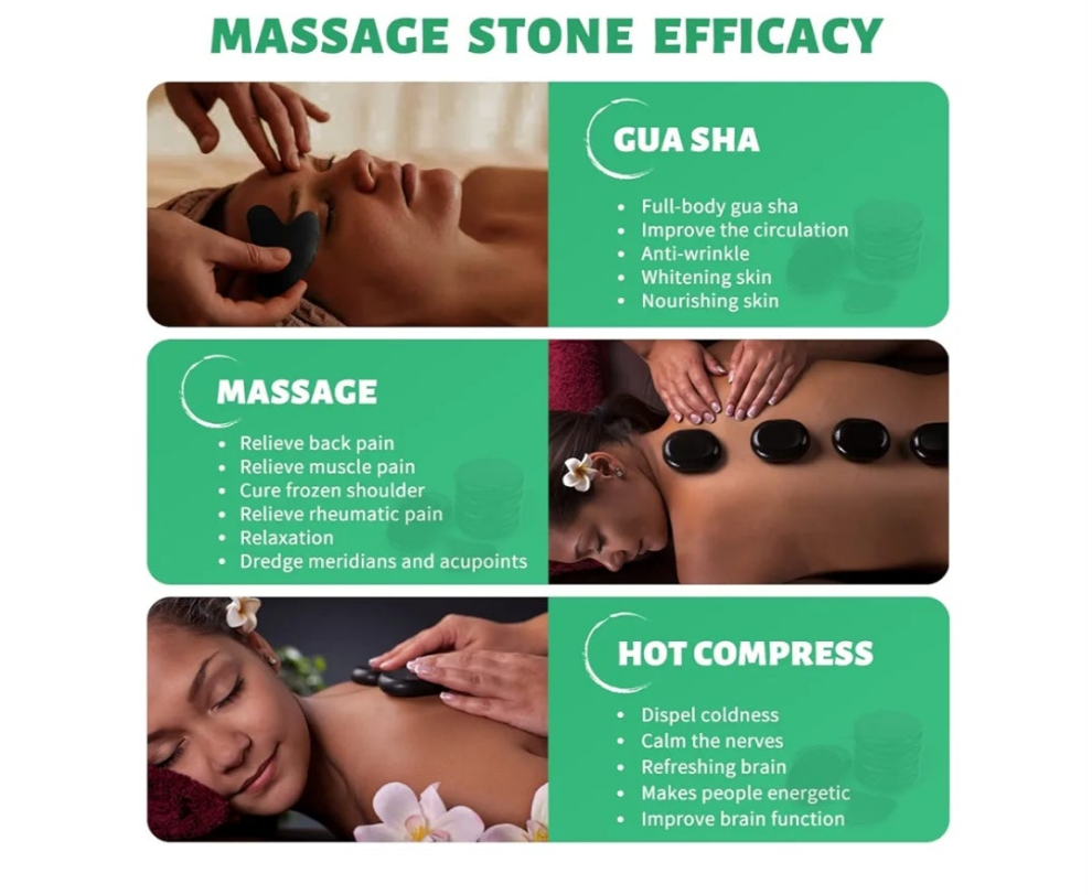 Hot Stones for Massage-6 Large Essential Basalt Massage Stones Set (3.15in) with 1 Gua Sha Facial Tools, Massage Tools for Professional or Home SPA, Relaxing, Healing, Pain Relief