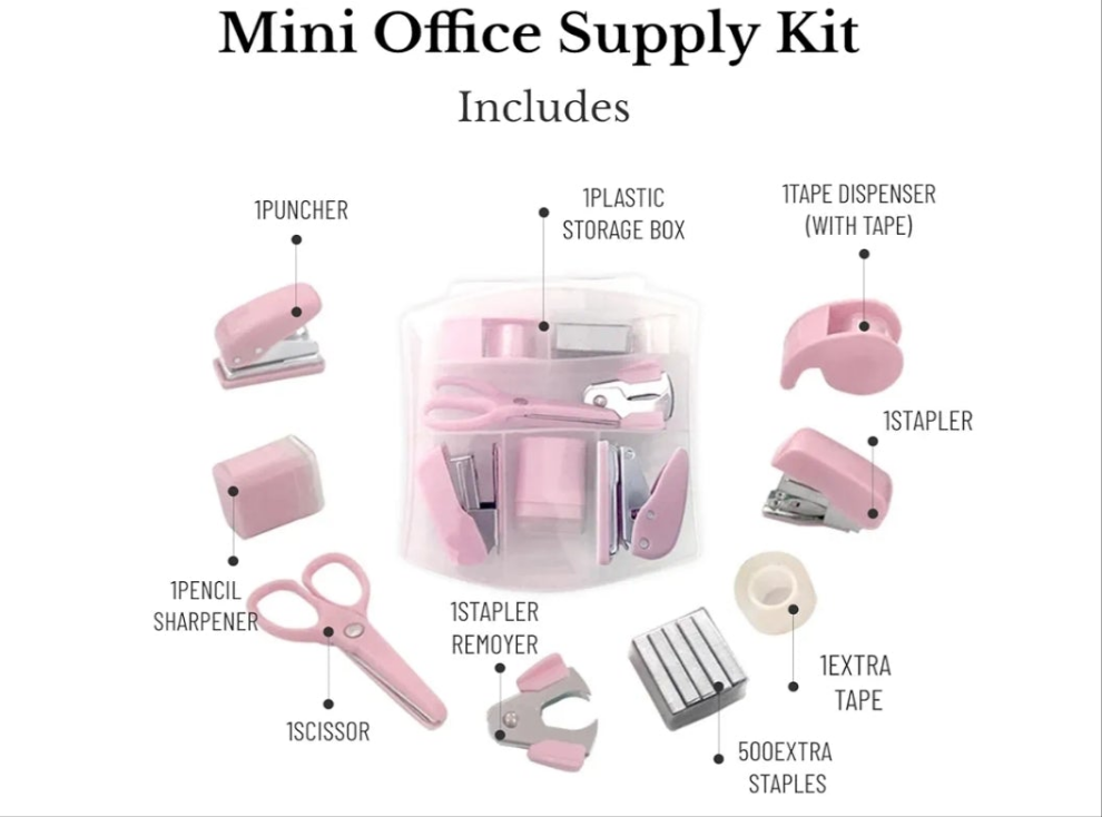 Mini Office Supply Kit Portable Case with Scissors, Mini Stapler,Tape Dispenser,Hole Puncher,Staples Mini Desktop Stapler for Office Or School Supplies