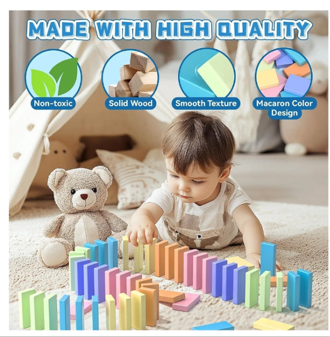 VigorFun 1000+ PCS Dominoes Set for Kids - Wooden Dominos with Extra Blocks and Storage Bag, Building Stacking Game Toys for 3+ Year Old Boys Birthday Gifts