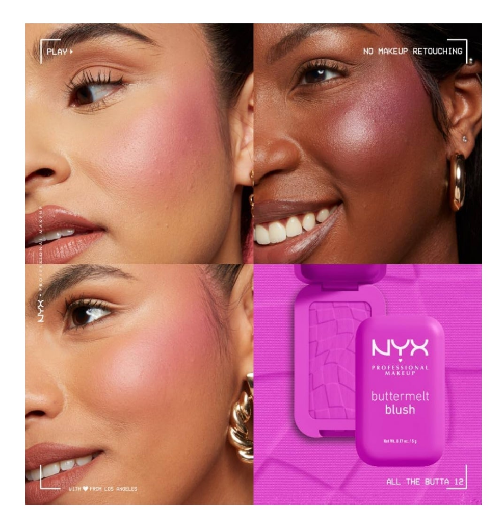 NYX PROFESSIONAL MAKEUP Buttermelt Powder Blush, Fade and Transfer-Resistant Blush, Up to 12HR Make Up Wear, Vegan Formula - All The Butta