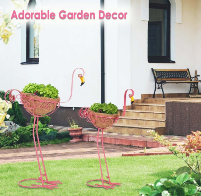 Set of 2 Pink Metal Flamingo Planters with Basket for Indoor Outdoor Garden Yard Decor
