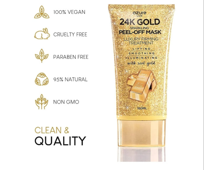 24K Gold Firming Peel Off Face Mask- Anti Aging, Lifting, Illuminating & Revitalizing - Removes Blackheads, Dirt & Oils - With Hyaluronic Acid and Collagen - Skin Care - 150mL