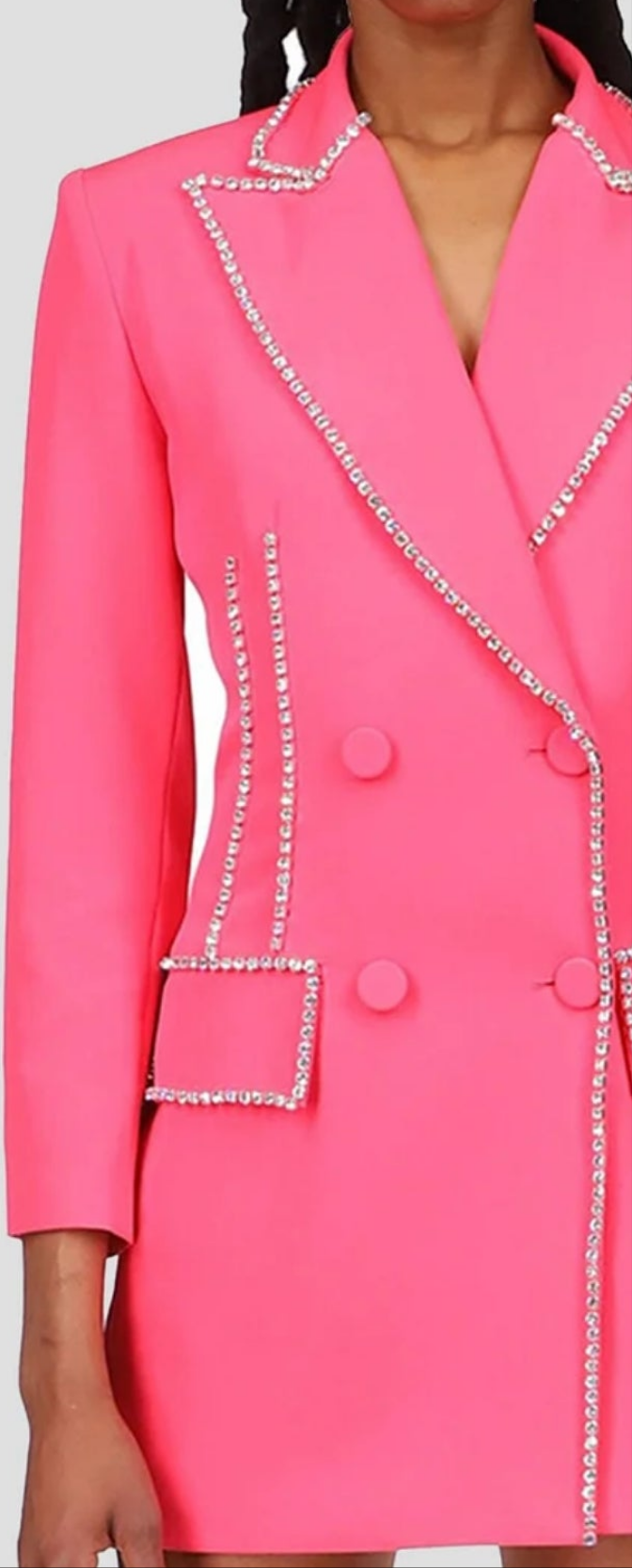 COCOMONEY Lapel Double-breasted Rhinestone Decor Blazer Dress-Hot Pink