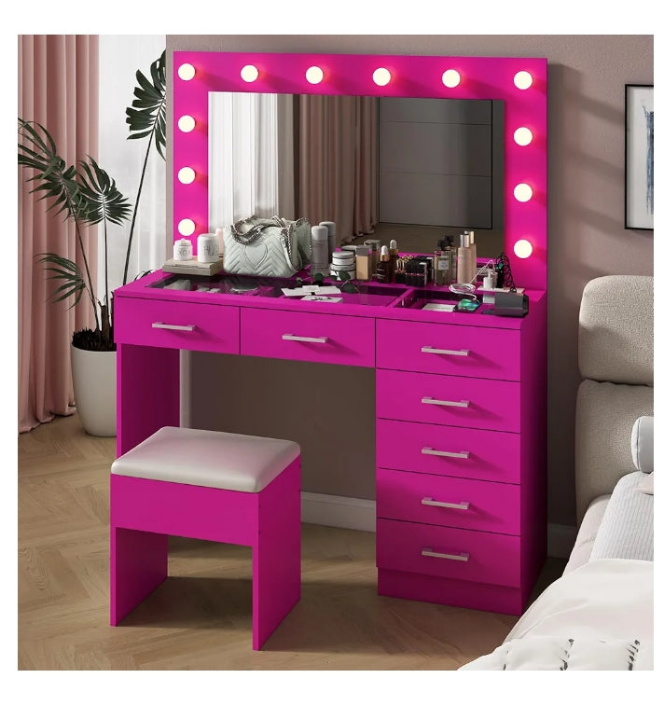 Vanity Desk with Large Lighted Mirror & Powre Outlet, Glass Tabletop Makeup Vanity Set with 7 Drawers, 45.3" Vanity Table with 3 Color Lighting Modes,
