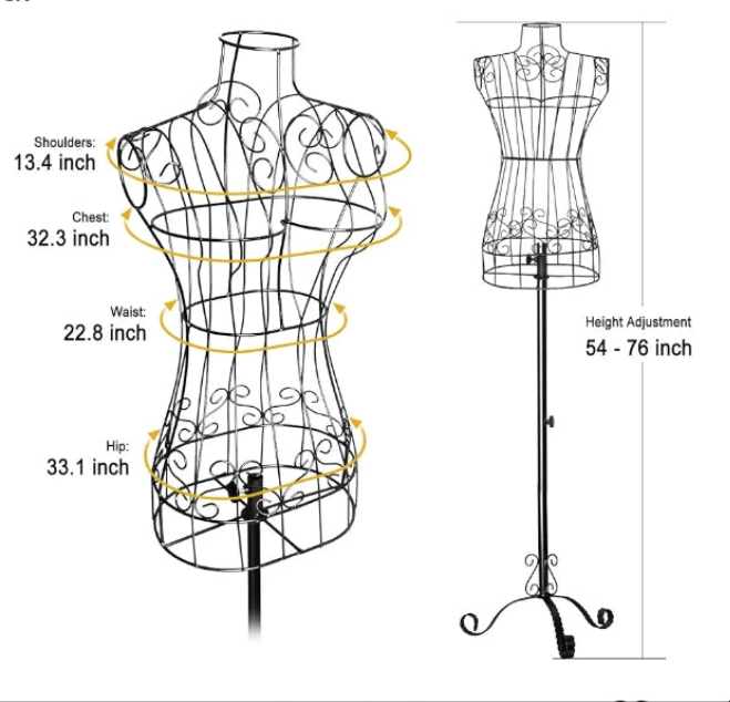 Mannequin Metal Steel Wire Dress Form for Display, Vintage Style Maniquine, Adjustable Height