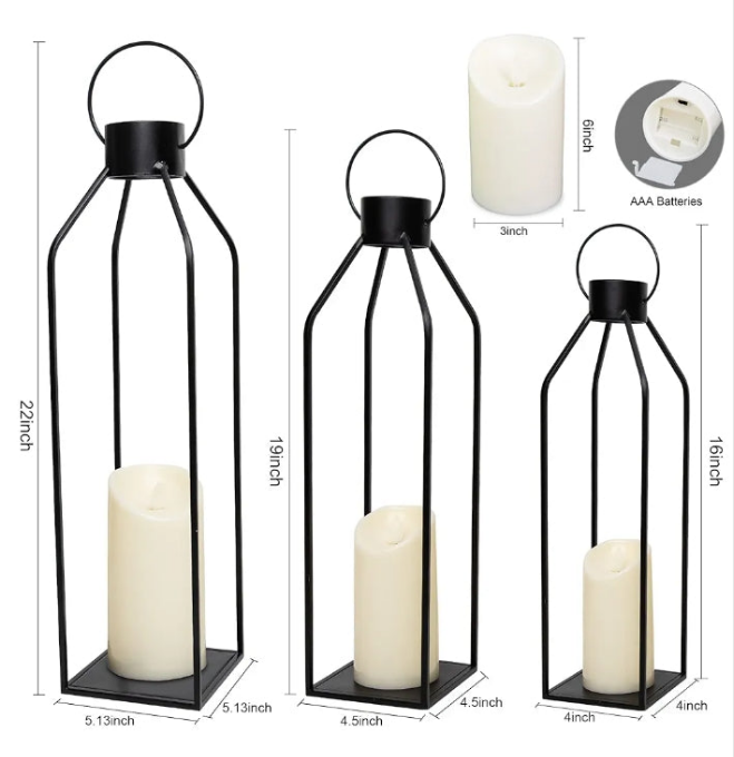 22'' 19'' 16'' Lanterns Decorative w/Flickering Timer Candles- Tall Large Black Metal Candle Lanterns Set of 3- Modern Farmhouse Lanterns Decor for Indoor,Outdoor,Tabletop,Porch (No Glass)