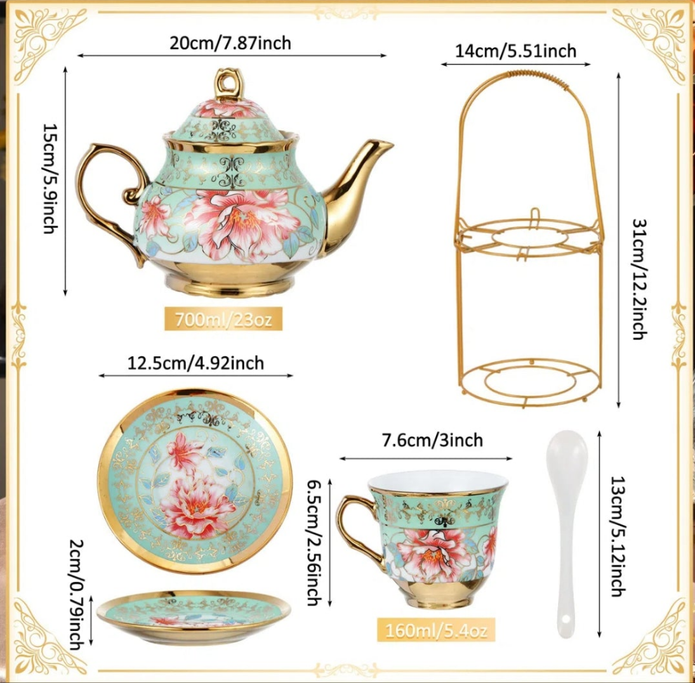 Ceramic 20 Pcs Porcelain Tea Set With Metal Holder Adult Tea Party Set European Flower Tea Cup Saucer Set For Adult Women With Flower Painting, Large Version(Frenchh Style) cute fun pretty