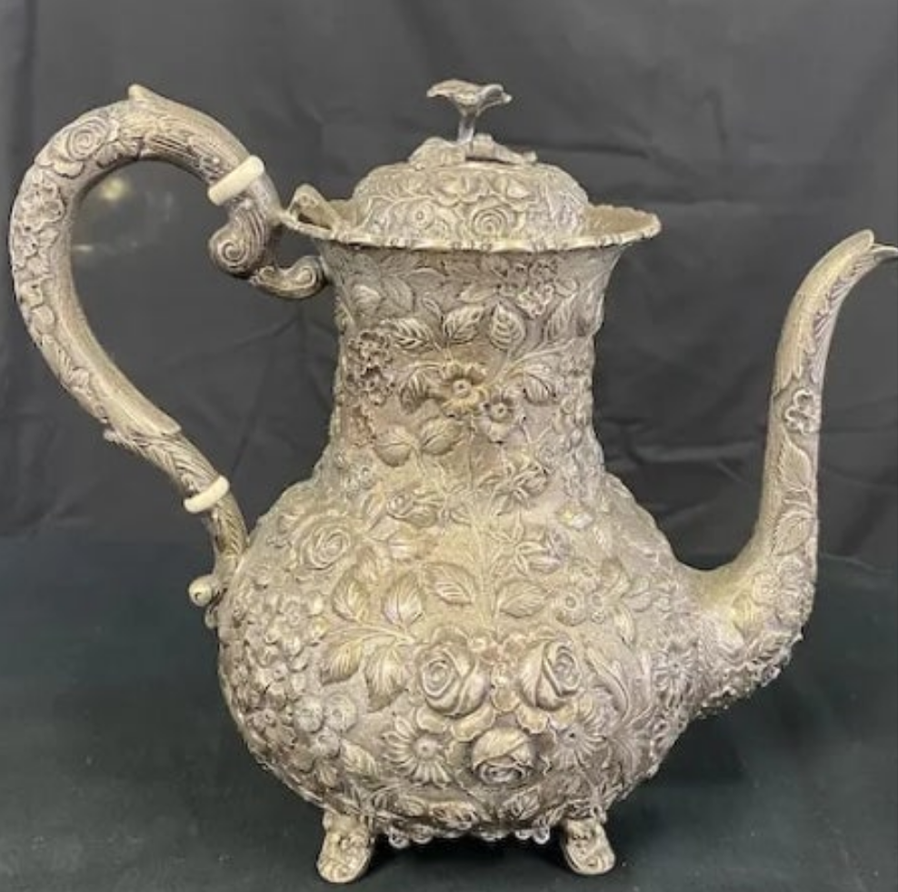 Sterling Silver Repousse Tea Service 7 Piece Set w/Tray A.G. Schultz