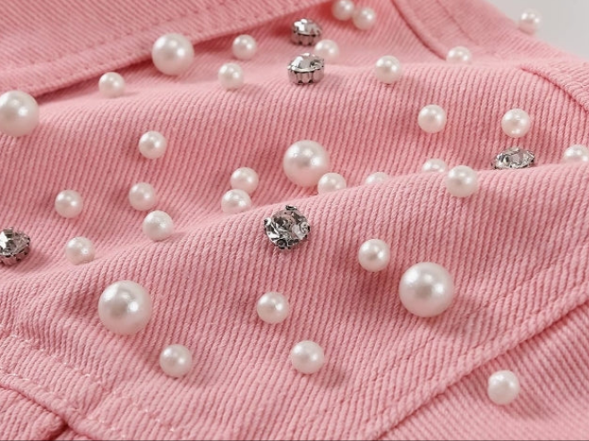 Pearls Denim Jacket Cropped Rhinestones Jean Jacket Coat