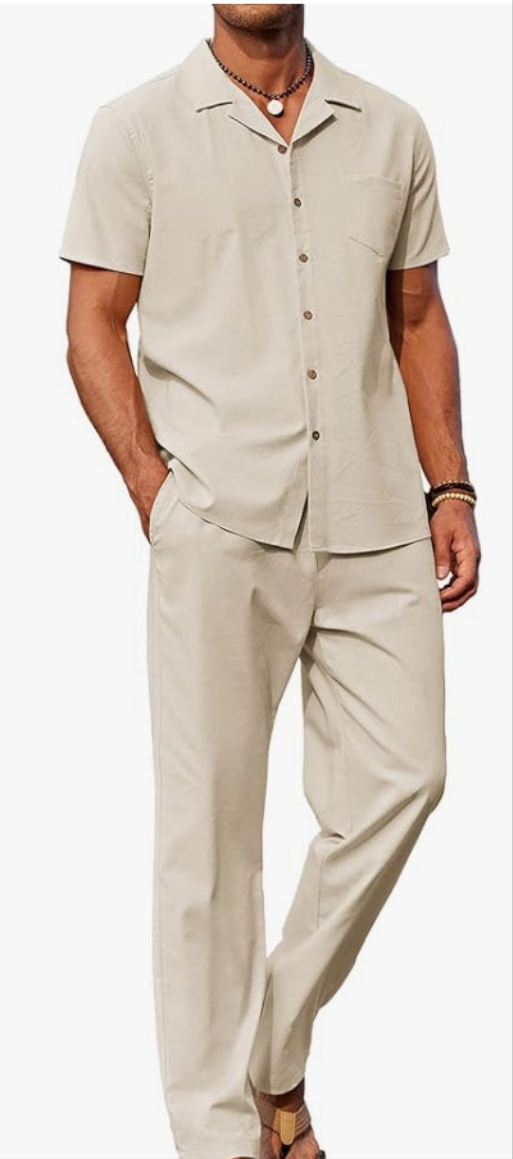 Men 2 Piece Linen Outfit Beach Button Down Shirt Casual Loose Pant Sets
