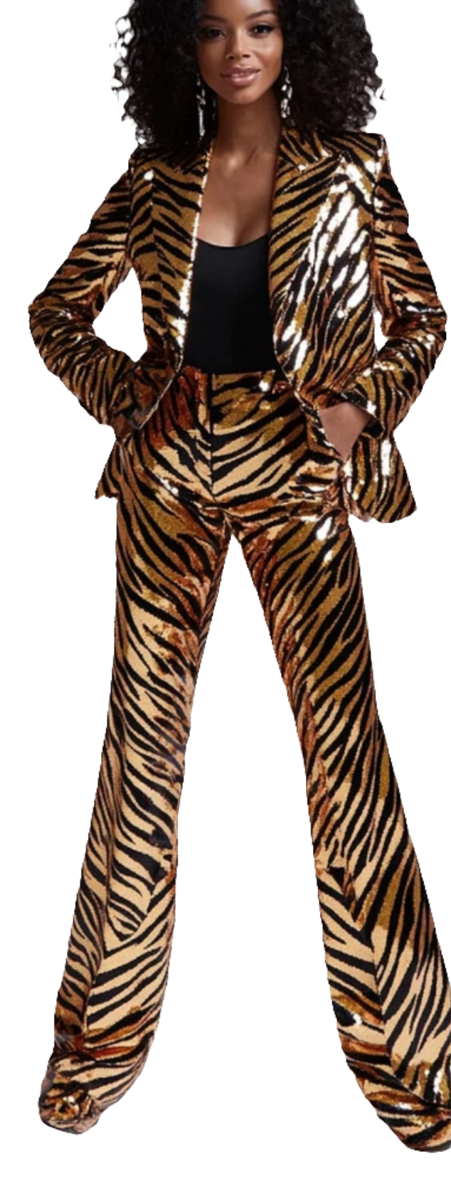 COCOMONEY Tiger Pattern Sequined Blazer Two Piece Pants Set-Gold