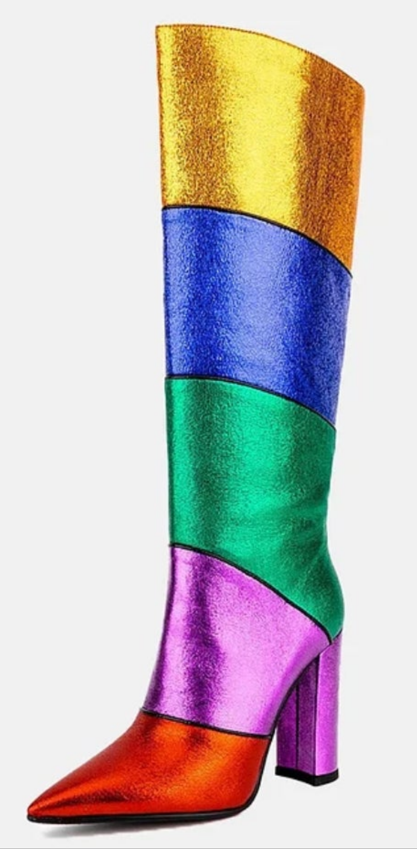 Metallic Colorblock Pointed Toe Chunky Heel Boots-Rainbow