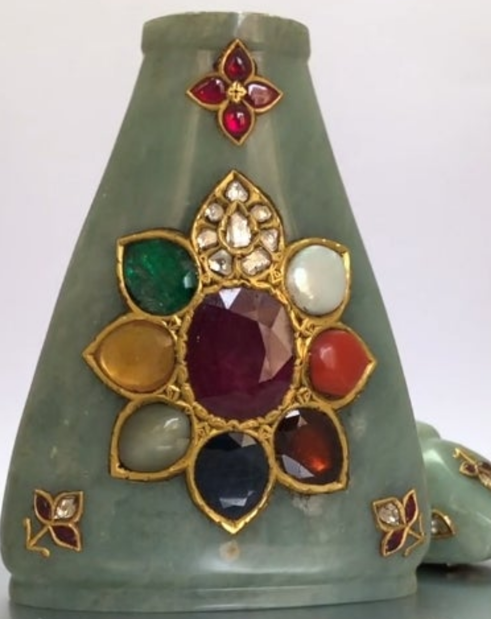 24k Gold Mughal Jadeite Jade Whiskey Flask Encrusted with Nine Gemstones Coral,Diamond,Jade,Blue Sapphire,Yellow Sapphire