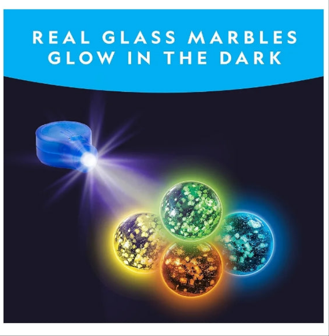 NATIONAL GEOGRAPHIC Glowing Marble Run – Construction Set with 15 Glow in The Dark Glass Marbles & Storage Bag, STEM Gifts for Boys and Girls, Building Project Toy