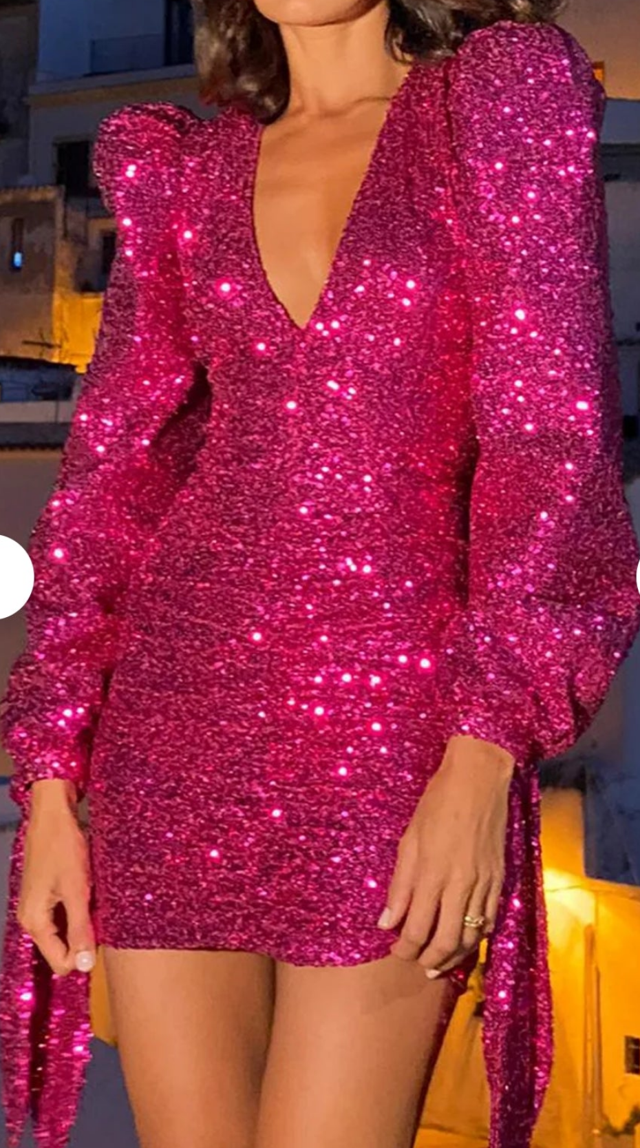 COCOMONEY Ruched Puff Sleeve Straps Sequin Dress-Hot Pink