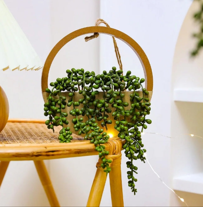 2pcs Artificial Succulents Hanging Plants 12.2'' Fake String of Pearls in Pot with 8.3'' Lanyard for Indoor Outdoor Wall Decor
