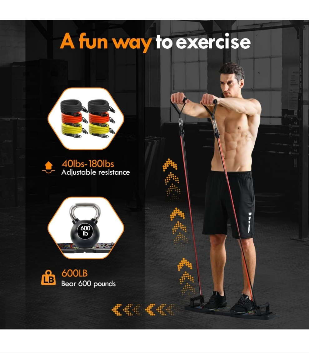 Push Up Board,Home Gym,Portable Exercise Equipment,Pilates Bar and 20 Fitness Accessories with Resistance Bands and Ab Roller Wheel,Full Body Workout at Home
