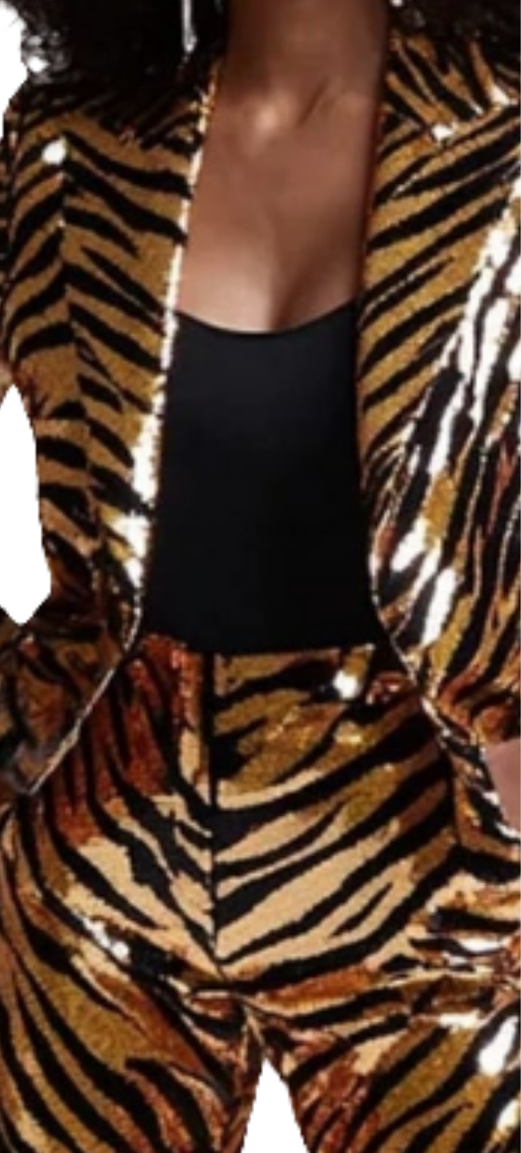 COCOMONEY Tiger Pattern Sequined Blazer Two Piece Pants Set-Gold