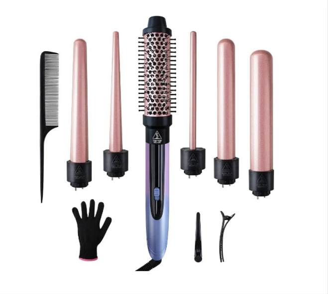 Curling Iron Set, 6 in 1 Hair Curling Wand with Curling Brush and 5 Interchangeable Ceramic Curling Wand(0.35'-1.25') Tourmaline Hair Curler, Instant Heat Up Curling Iron for Long Hair Women