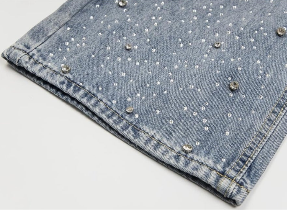 Hip Hop Rhinestone Jeans Men Women Baggy Straight Vintage Blue Denim Pants Streetwear Jeans Trousers