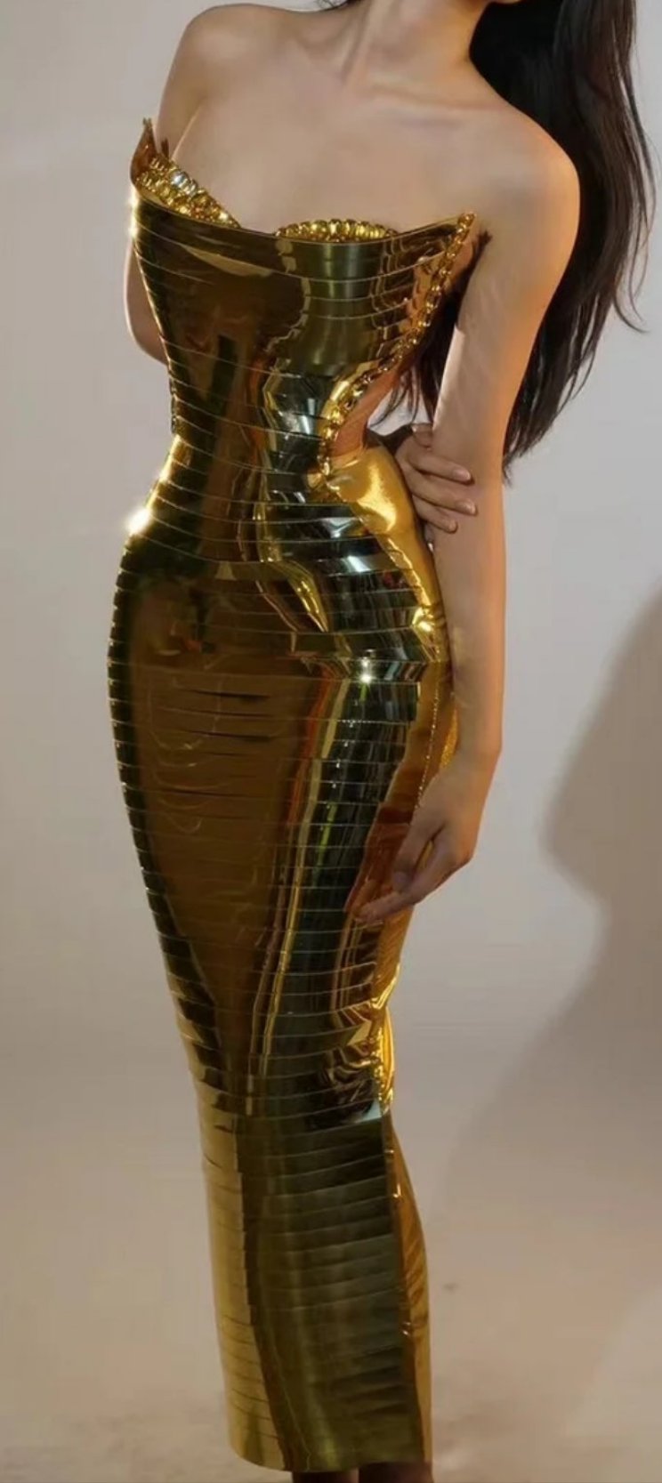 Mirror Sequin Rhinestone Tube Maxi Dress-Silver COCOMONEY