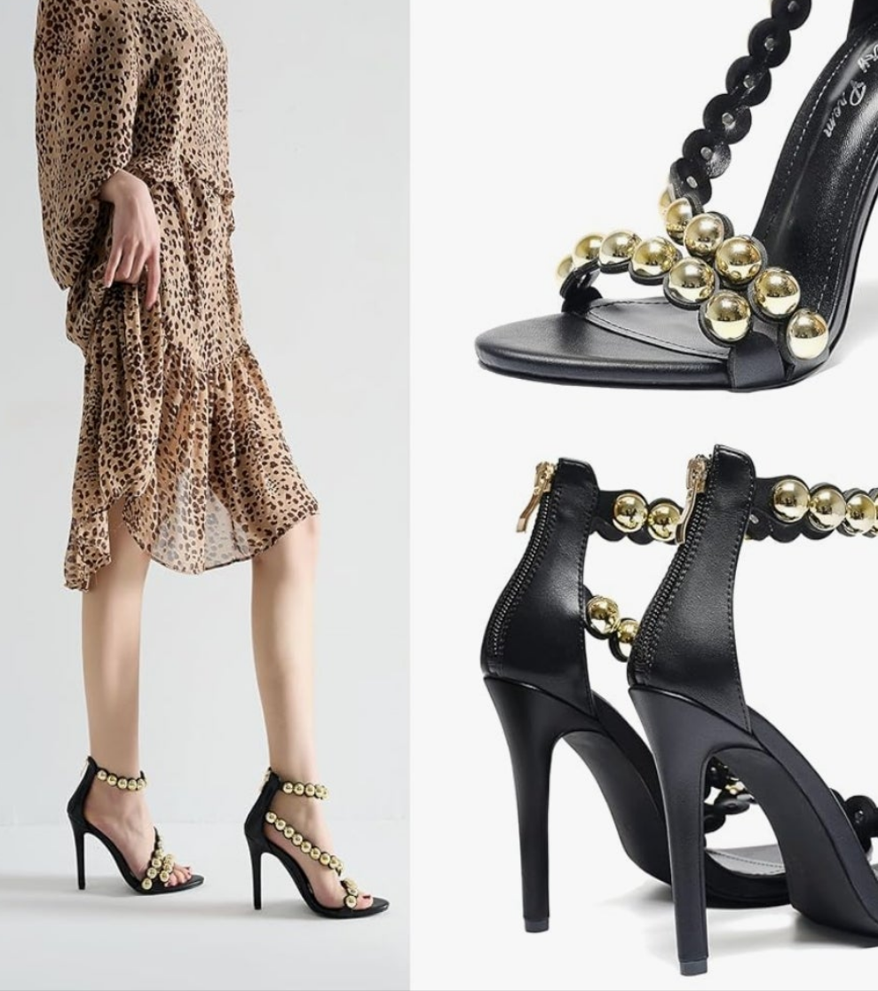 Stiletto Open-Toe Sandals Beaded Ankle Strap & Zip Closure Nightclub Party Wedding Heels Shoes