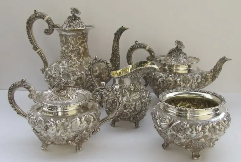 Sterling Silver Tea Coffee Set Repousse Baltimore Rose by Schofield 5 Piece