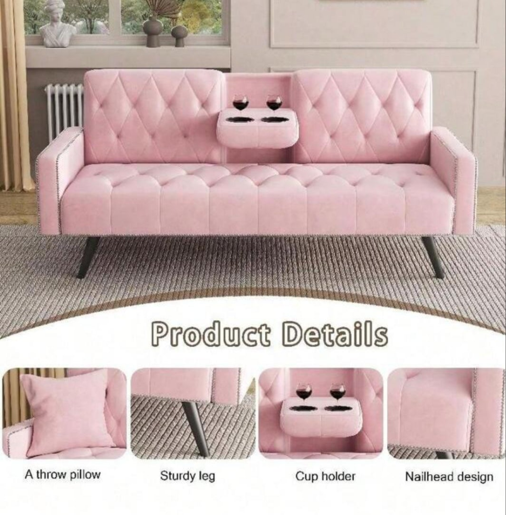 Futon Sofa With Cup Holders And Nail Head Trim,Velvet Sofa Futon Sofa Bed For Small Spaces, Living Room,Dorm,Office