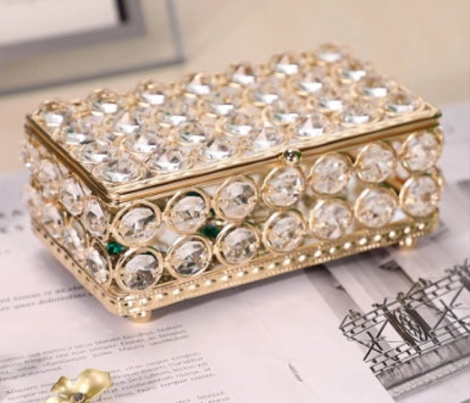 Crystal Jewelry Box Rectangle Trinket Organizer Earrings Rings Box Treasure Box Home Decor Accent Decorative Box with Lid for Valentine Wedding Christmas Birthday Gift, Small
