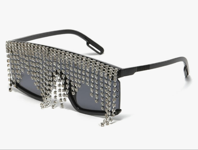 Super fun Mask Rhinestone Tassel sunglasses for women, frame embedded