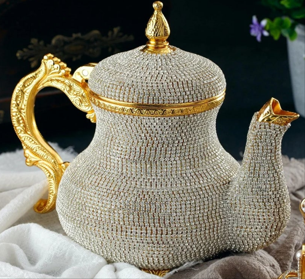 Gorgeous Handmade Gold Decorative Teapot Pitcher – Turkish Moroccan Arabic Style, Crystal Embellished, 2.6 lb, 8x7", Ornate Zamak Kettle for Home Décor & Display – Handmade in Turkey