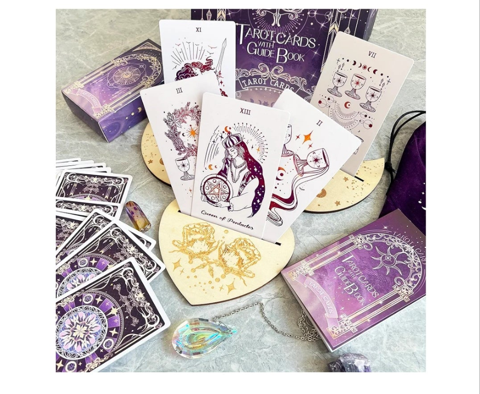 78 Tarot Cards with Guide Book - Tarot Deck Gift Set with Tarot Cloth, Chakra Stones & Tarot Bag, Purple Tarot Cards Fortune Telling Game Craft Cardboard for Beginners and Expert Readers