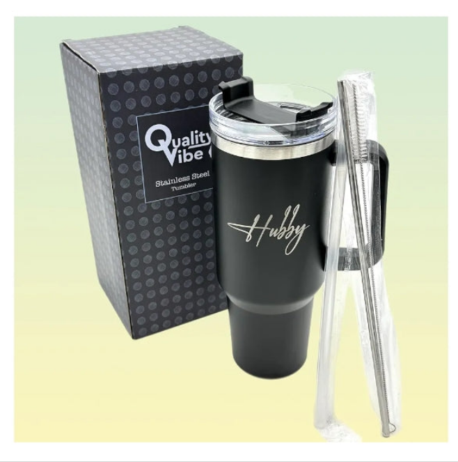 Wifey & Hubby Wedding Gift 40 oz Engraved Tumbler Set Of 2 For couples With Straw & Brush. Christmas or Engagement Gift Set For Bride & Groom.