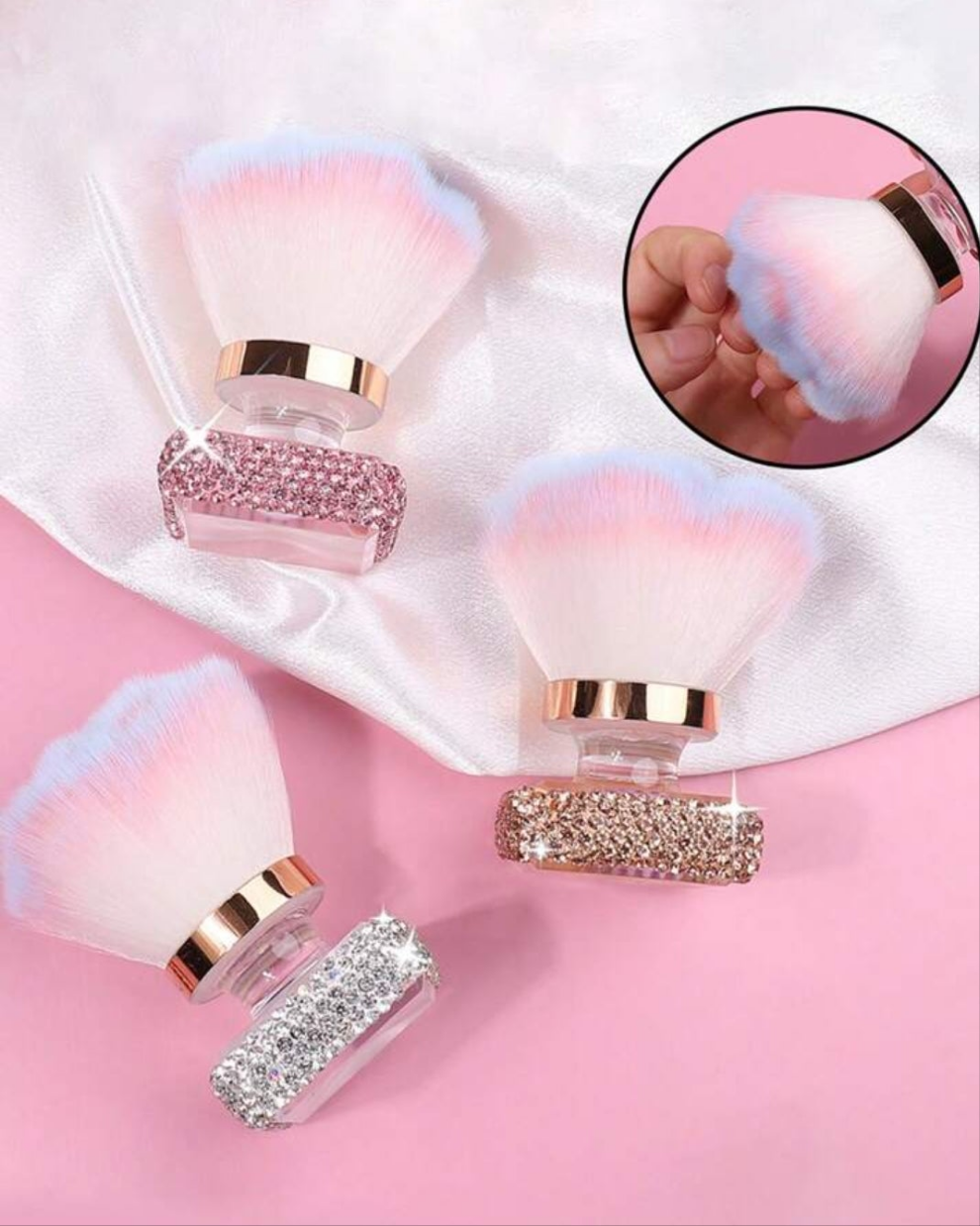 1pc Premium Rose Shaped Makeup Brush With Crystal Decoration, Foundation Blush Brush, Large Size Rose Shaped Nail Art Brush, Diamond Edge Dust Brush