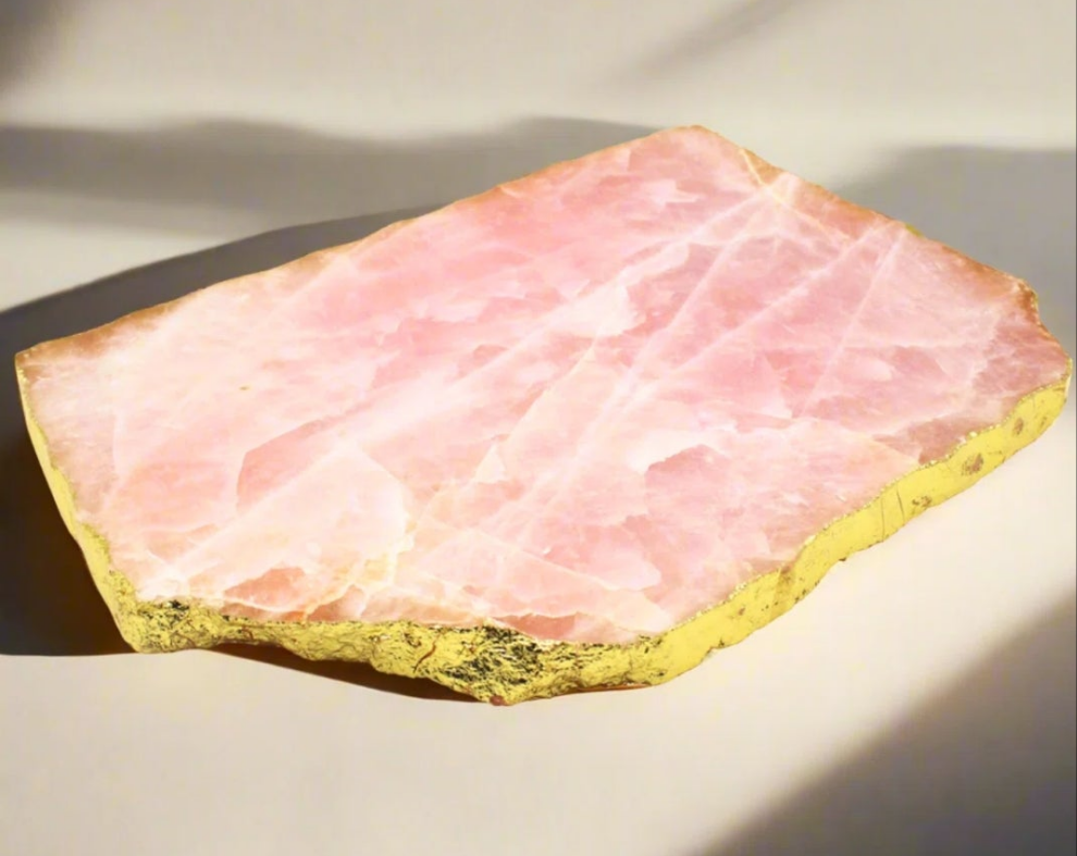 Rose Quartz Gold Edge Serving Board Crystal and Marble