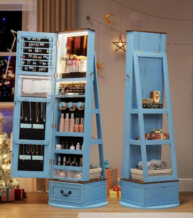 360°Swivel jewelry organizer with Full Length Mirror with Lights,Jewelry Armoire Cabinet Standing with Drawers,Large Mirror Storage for Jewelry and Makeup,Best
