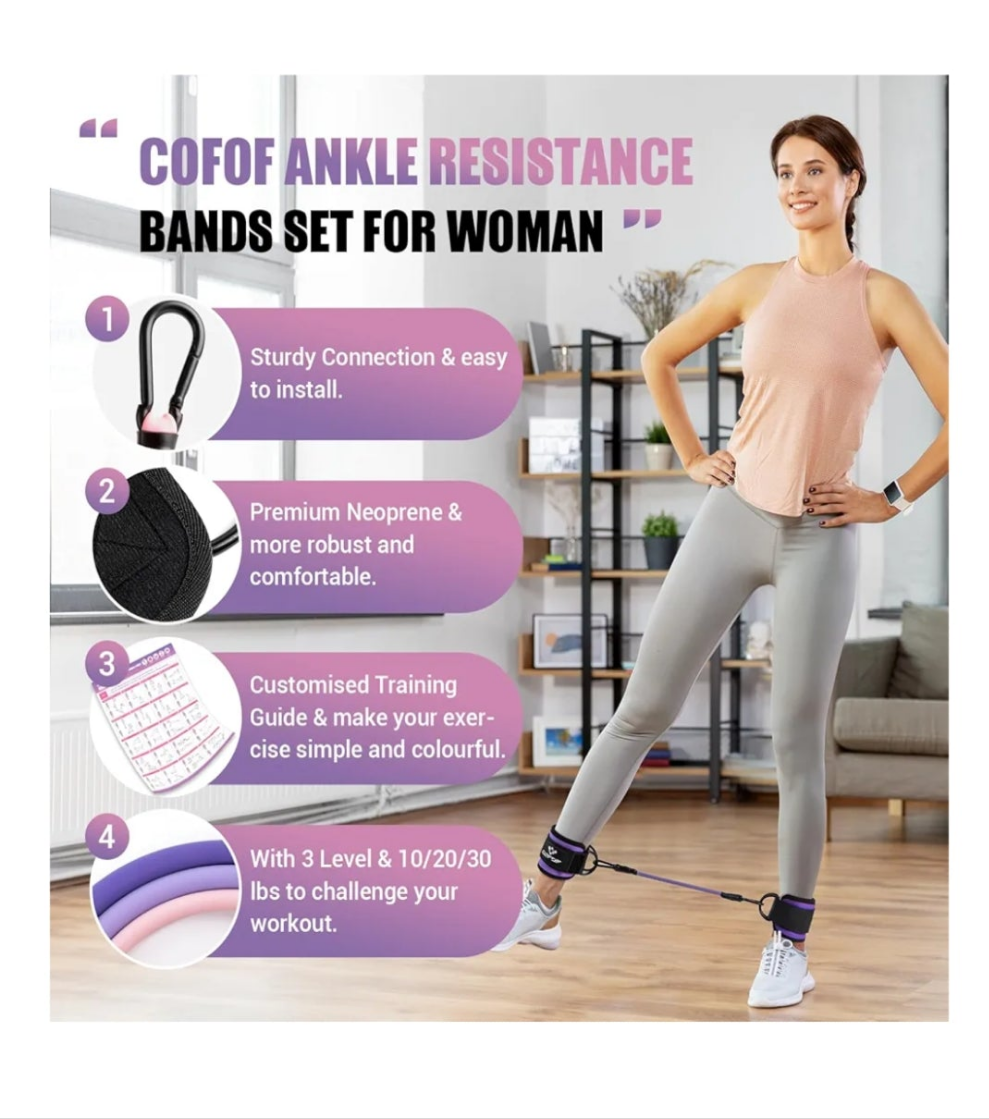 Ankle Resistance Bands with Cuffs, Ankle Bands for Working Out, Ankle Band Cuff for Kickbacks Hip, Leg Glute Exercise Equipment with Training Poster, Resistance Band with Ankle Cuffs for Women