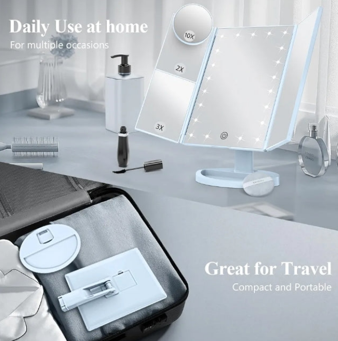 Makeup Mirror Vanity with Lights, 2X 3X 10X Magnification, Lighted Mirror, Touch Control, Trifold Dual Power Supply, Portable LED
