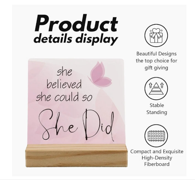Inspirational Desk Decor, Motivational Quote Wood Plaque, Inspirational Positive Gifts for Women,Pink She Believed She Could So She Did Wooden Plaque Sign with Wood Stand for Home Office Decor