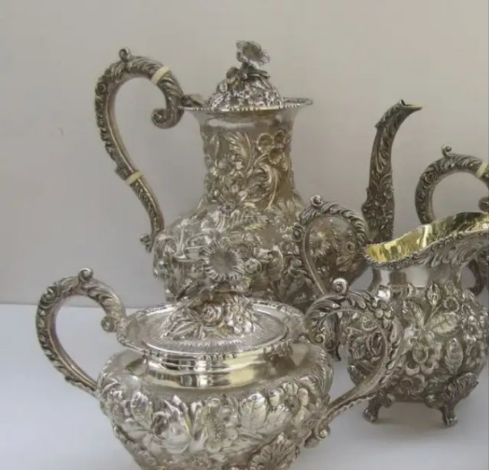 Sterling Silver Tea Coffee Set Repousse Baltimore Rose by Schofield 5 Piece