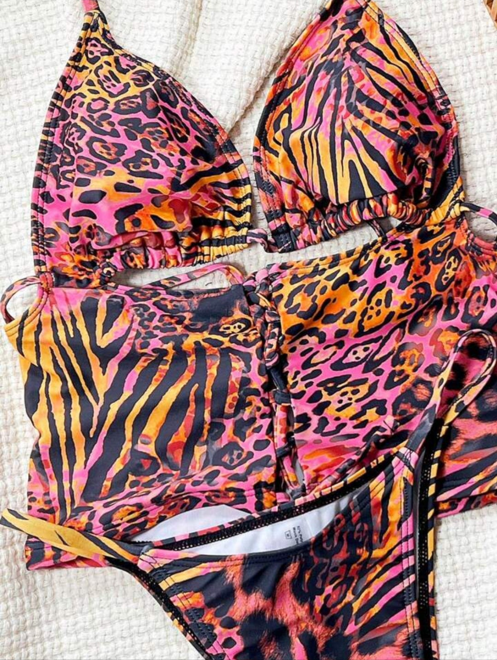 Leopard Print Sexy Halter Tie Strap Tankini Swimwear