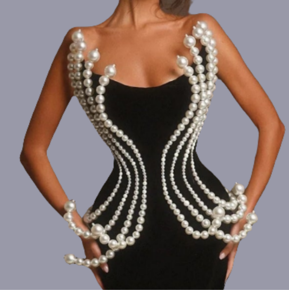 Pearls Beaded Strapless Mermaid Maxi Dress-Black COCOMONEY