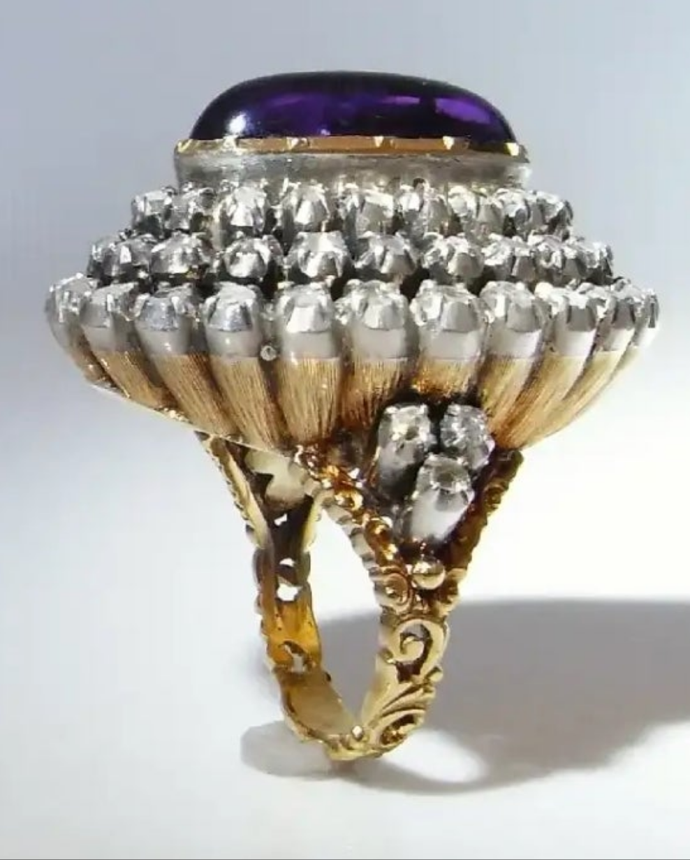 Georgian Diamond Ring 18th Century Amethyst Diamond Ring Marie Antoinette 18K Gold Old Cut Diamond Ring Museum Quality Luxury Diamond Ring Handmade Diamond Ring Dome Bombe 1700s Dress Ring Engagement Ring Wedding Ring Cocktail Ring Large Diamond Ring
