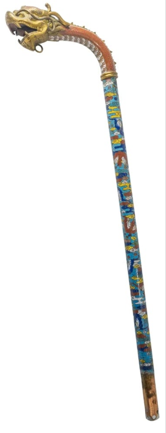 Rare 18th Century Chinese Cloisonne Enamel Gilt Bronze Dragon Cane Scepter