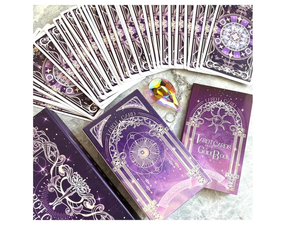 78 Tarot Cards with Guide Book - Tarot Deck Gift Set with Tarot Cloth, Chakra Stones & Tarot Bag, Purple Tarot Cards Fortune Telling Game Craft Cardboard for Beginners and Expert Readers