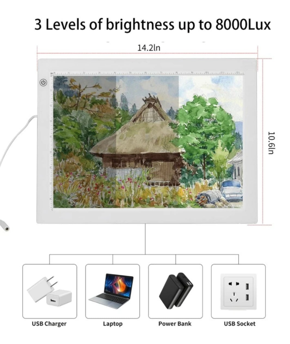 B4 Light Pad for Diamond Painting, Fixed Charging Cord, 10-ft Cable, 3 Levels of Brightness Up to 8000Lux, Uniformly Illuminated Tracing Light Box- White